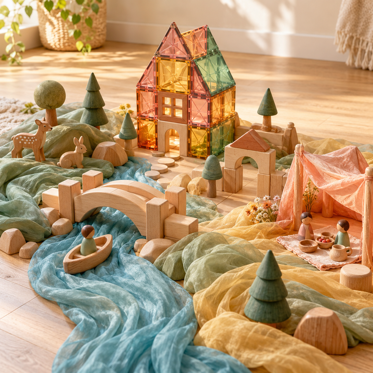 A sunlit imaginative play scene with colorful magnetic tiles, wooden blocks, flowing play silks and small wooden figures.
