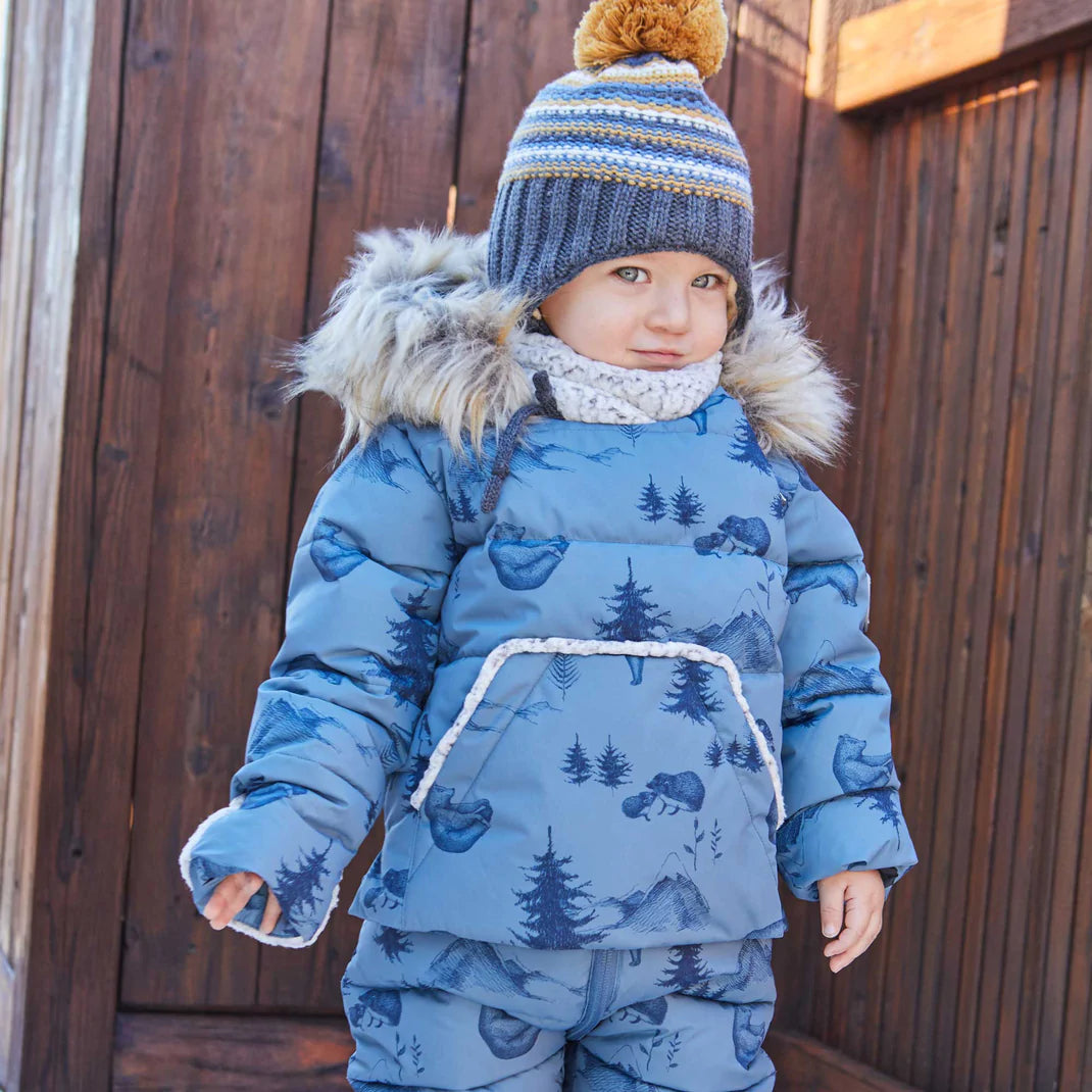Deux Par Deux Printed Yoga Bears One Piece Baby Snowsuit Dusty Blue