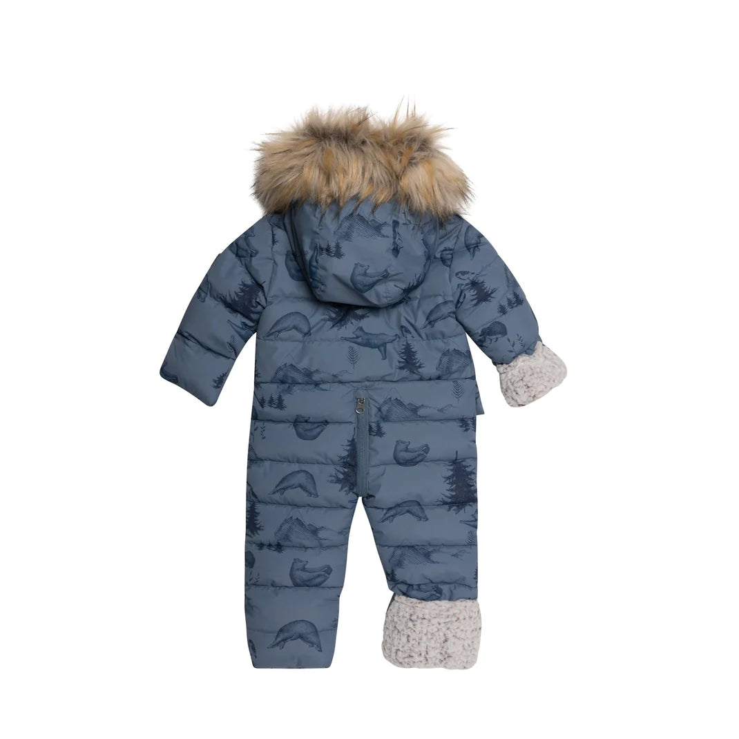Deux Par Deux Printed Yoga Bears One Piece Baby Snowsuit Dusty Blue