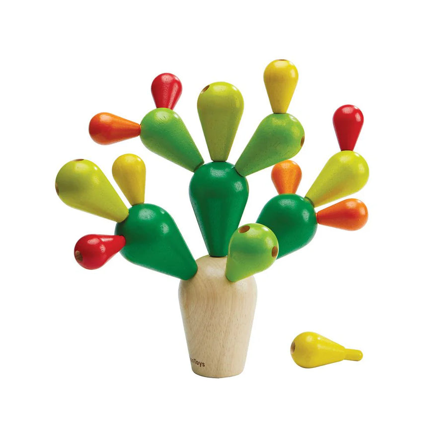 PlanToys balancing cactus assembled from green, yellow, orange and red wooden branches.