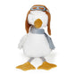 White plush goose wearing a brown aviator hat, goggles and a gray scarf.