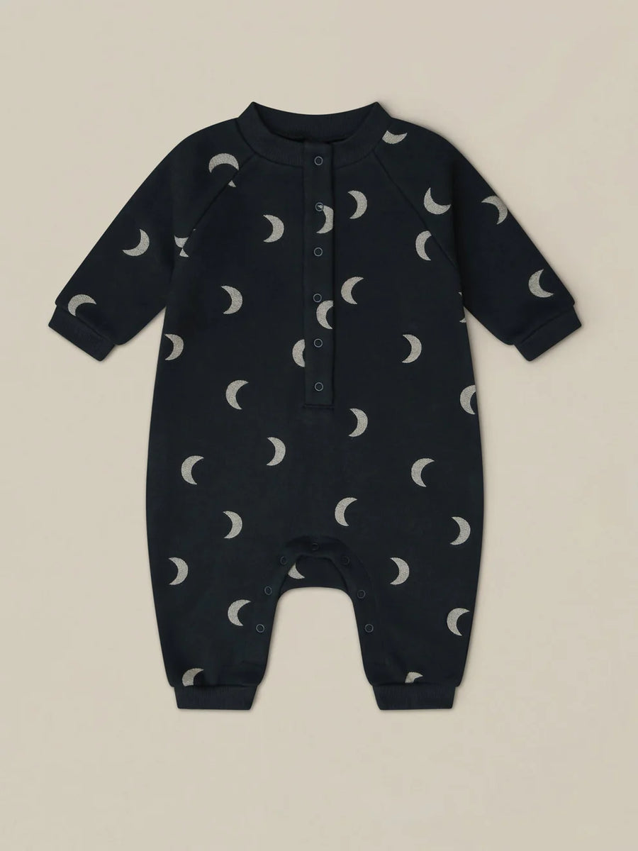 Charcoal Organic Zoo onesie with cream crescent moons and a buttoned front.