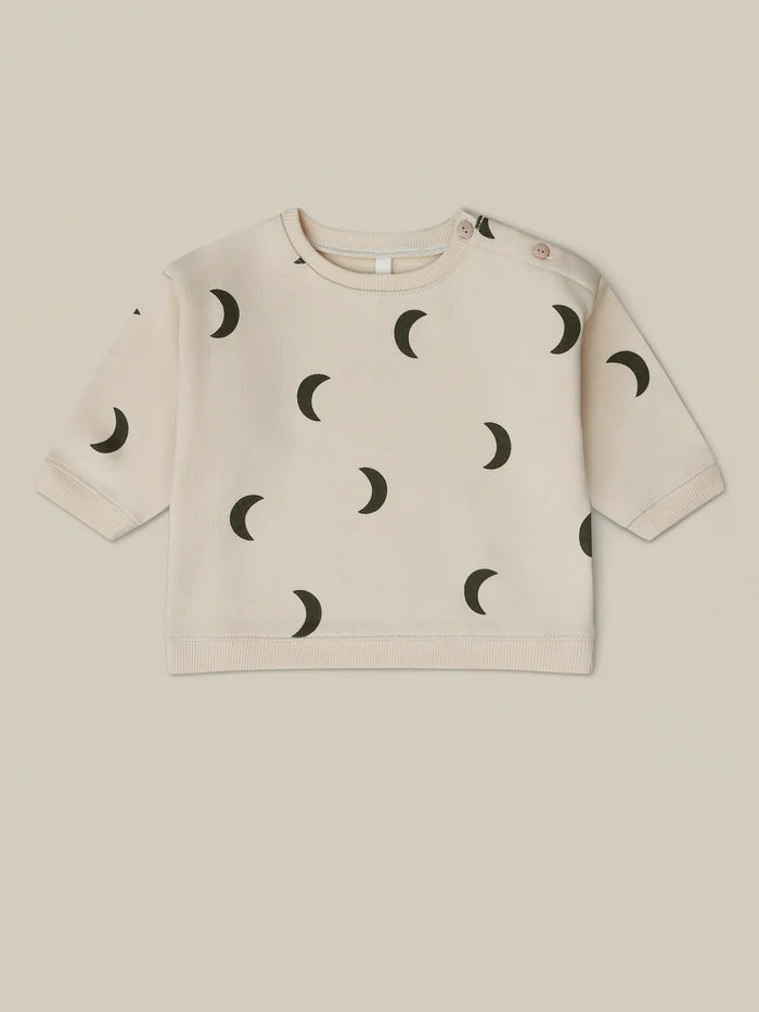 Cream Organic Zoo Desert Midnight sweatshirt with dark crescent moons.