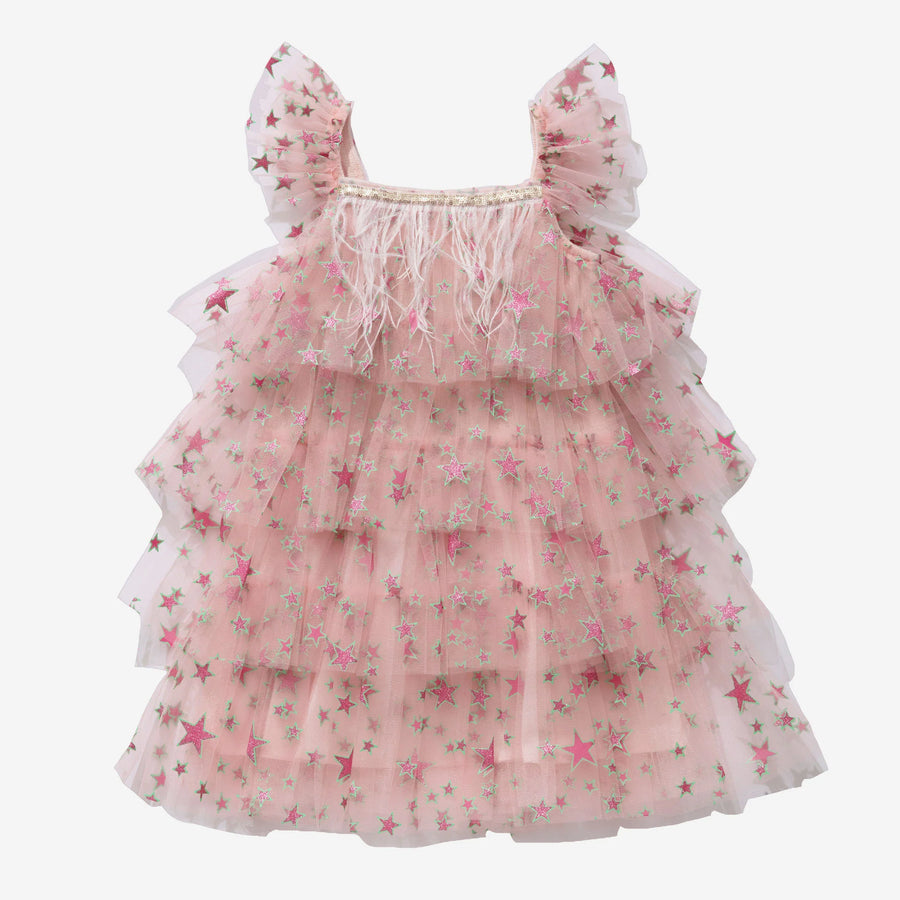 Pink Petite Hailey dress with star-patterned sheer tiers and ruffled shoulder straps.