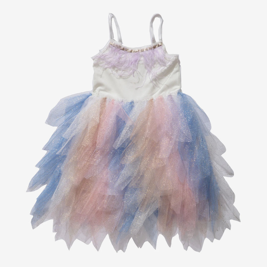Petite Hailey dress with a pale bodice and pointed pastel pink, blue and lavender skirt layers.
