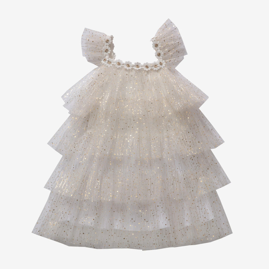 Cream Petite Hailey dress with layered sheer skirt panels and ruffled shoulder straps.