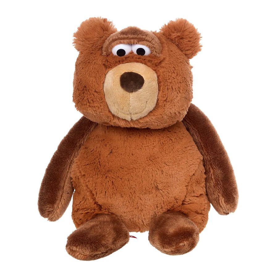 Brown sigikid plush bear with round ears, wide eyes and a tan muzzle.