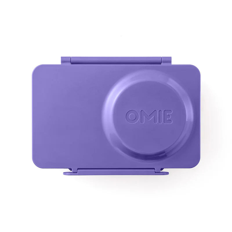 Purple OmieBox UP lunchbox with a raised round lid section, closed.