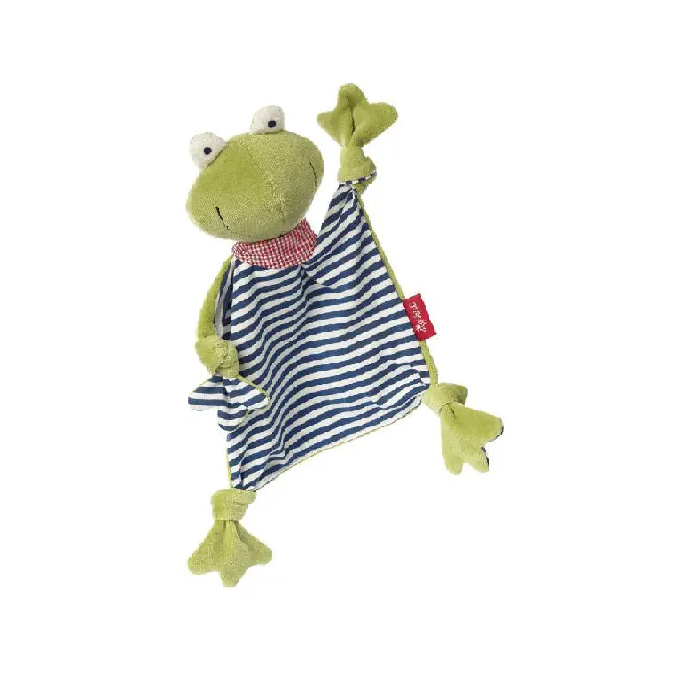 sigikid frog comforter with a green head and limbs and a blue-and-white striped body.