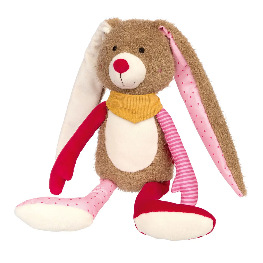 sigikid patchwork plush bunny with long pink-lined ears and mismatched colorful limbs.