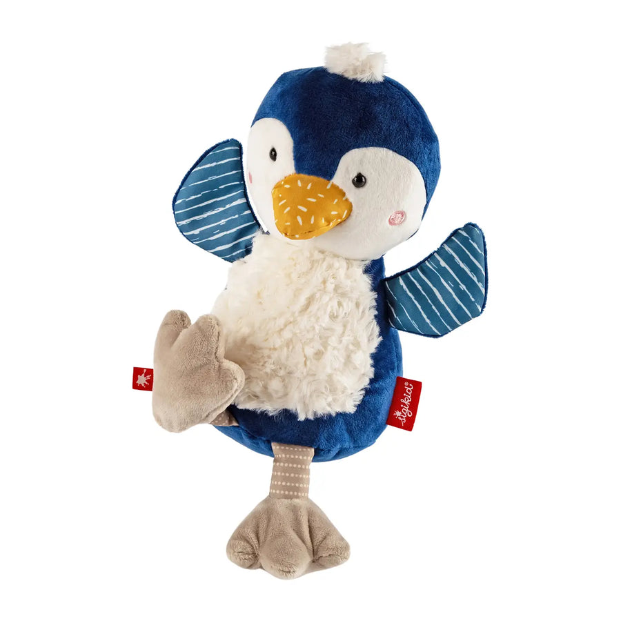 Blue-and-white sigikid plush penguin with striped wings and gray feet.