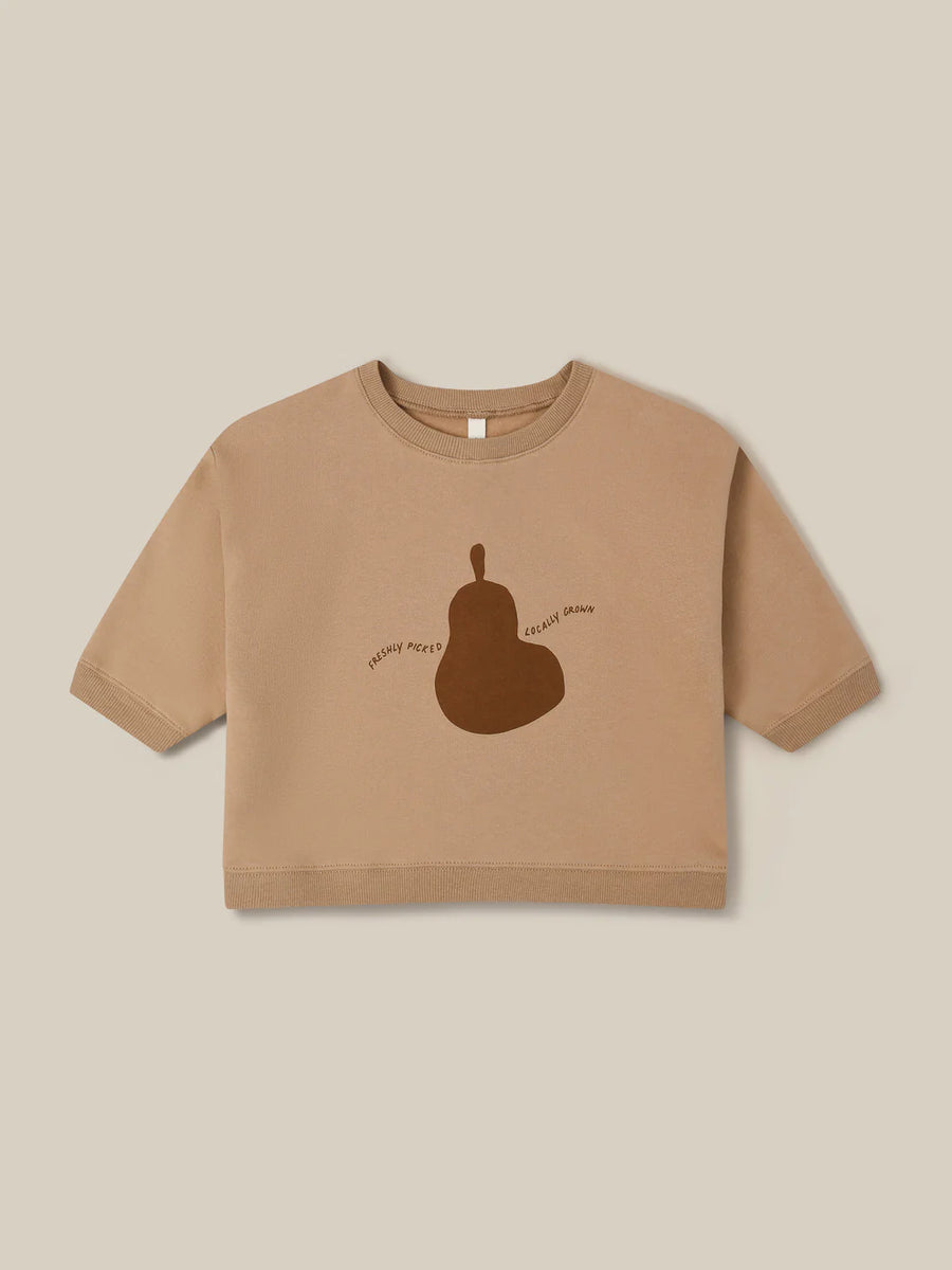 Tan Organic Zoo sweatshirt with a large brown pear motif, front view.