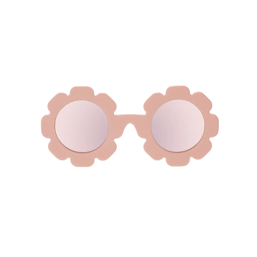 Pink flower-shaped Babiators sunglasses with round mirrored lenses.