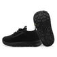 All-black Jan & Jul shoes showing a side profile and the black treaded sole.