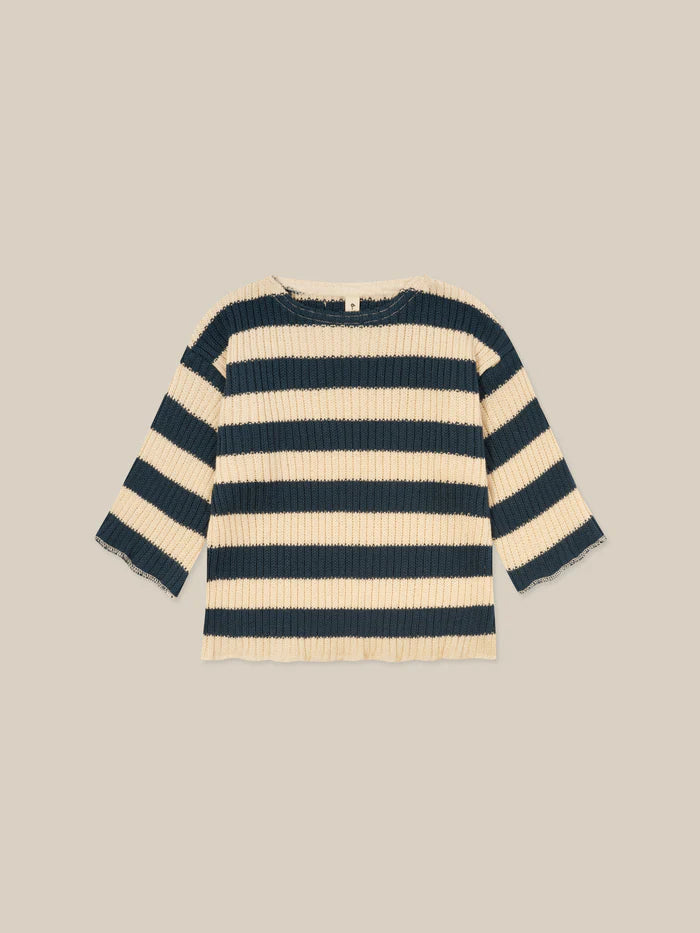 Cream and navy striped Organic Zoo sweater with three-quarter sleeves.
