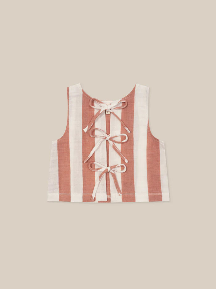 Rust-and-cream striped Organic Zoo sleeveless top with a lace-up tie opening.