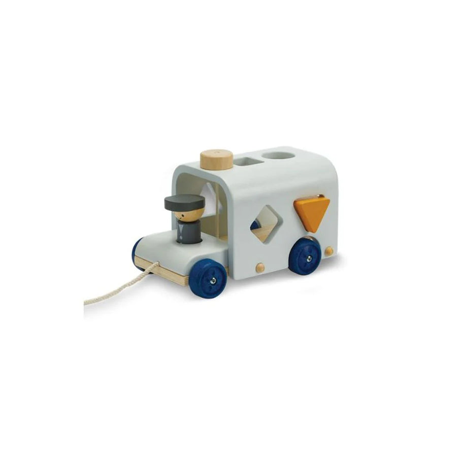 PlanToys shape-sorting pull-along bus with blue wheels and colorful geometric pieces.