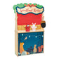 Reverse of the Woodland Stores play shop set up as a puppet theater with red curtains.