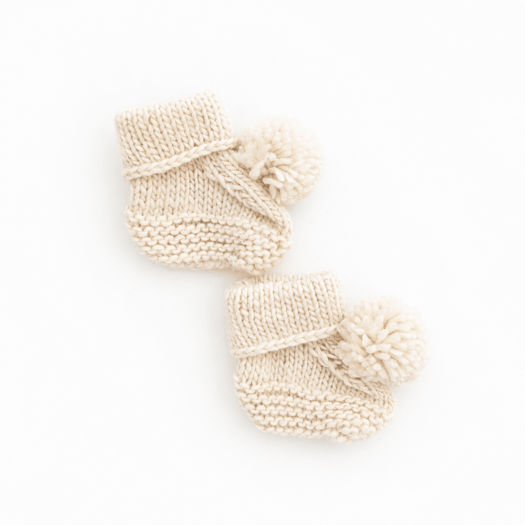 Garter Stitch Baby Booties Natural with Pom Poms
