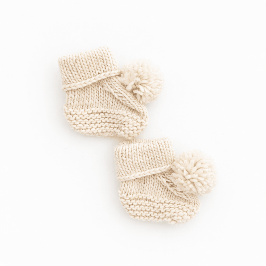 Garter Stitch Baby Booties Natural with Pom Poms