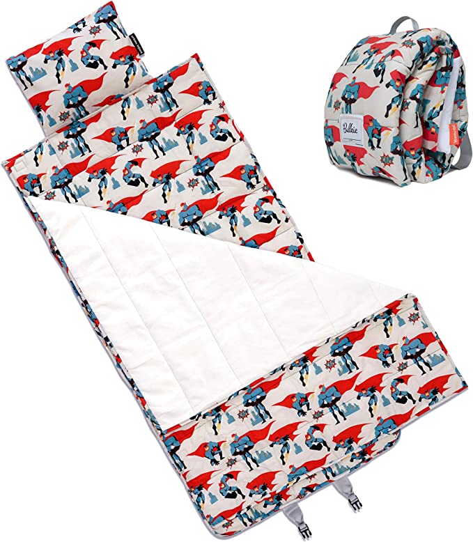 Urban Infant sleeping mat with a colorful animal print laid open beside a matching backpack.