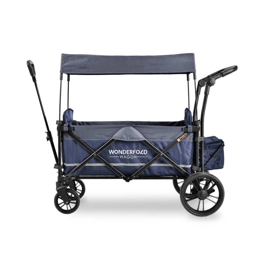 Blue WonderFold X2M stroller wagon with a canopy, push handle and pull handle, side view.