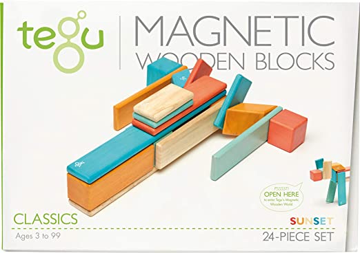 Tegu 24 Piece Sunset wooden block set packaging showing a long block construction.