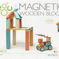 Tegu 42 Piece Sunset wooden block set packaging showing a tower and wheeled model.