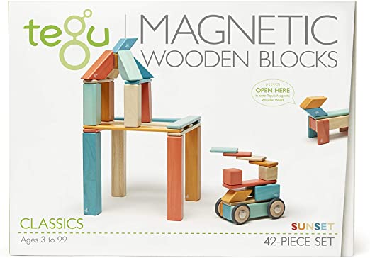 Tegu 42 Piece Sunset wooden block set packaging showing a tower and wheeled model.