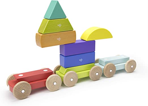 Tegu wooden shape train with colorful stacking blocks and three wheeled sections.