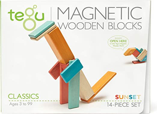 Tegu 14 Piece Sunset wooden block set packaging showing a tall block construction.