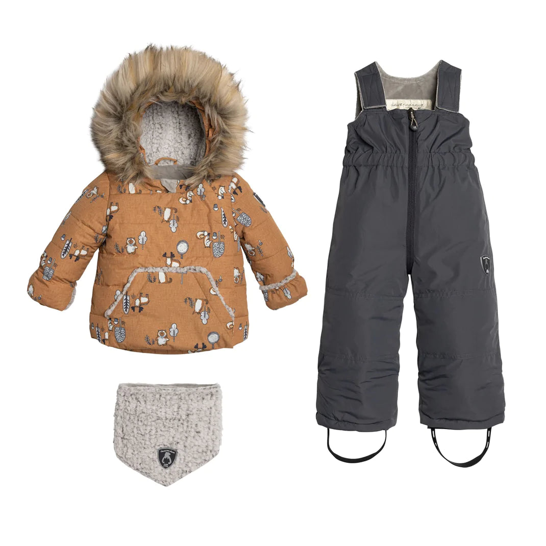 Mustard animal-print baby snow jacket, dark bib snow pants and gray neck warmer.