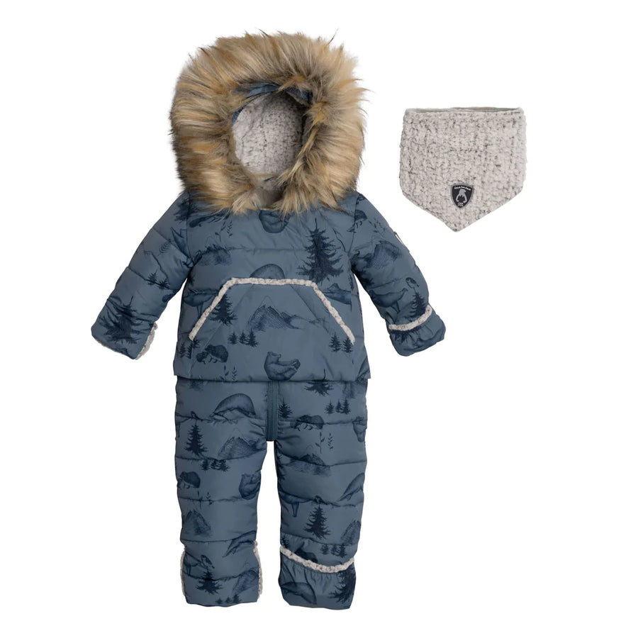 Dusty blue bear-print baby snowsuit with a fluffy-trimmed hood and gray neck warmer.
