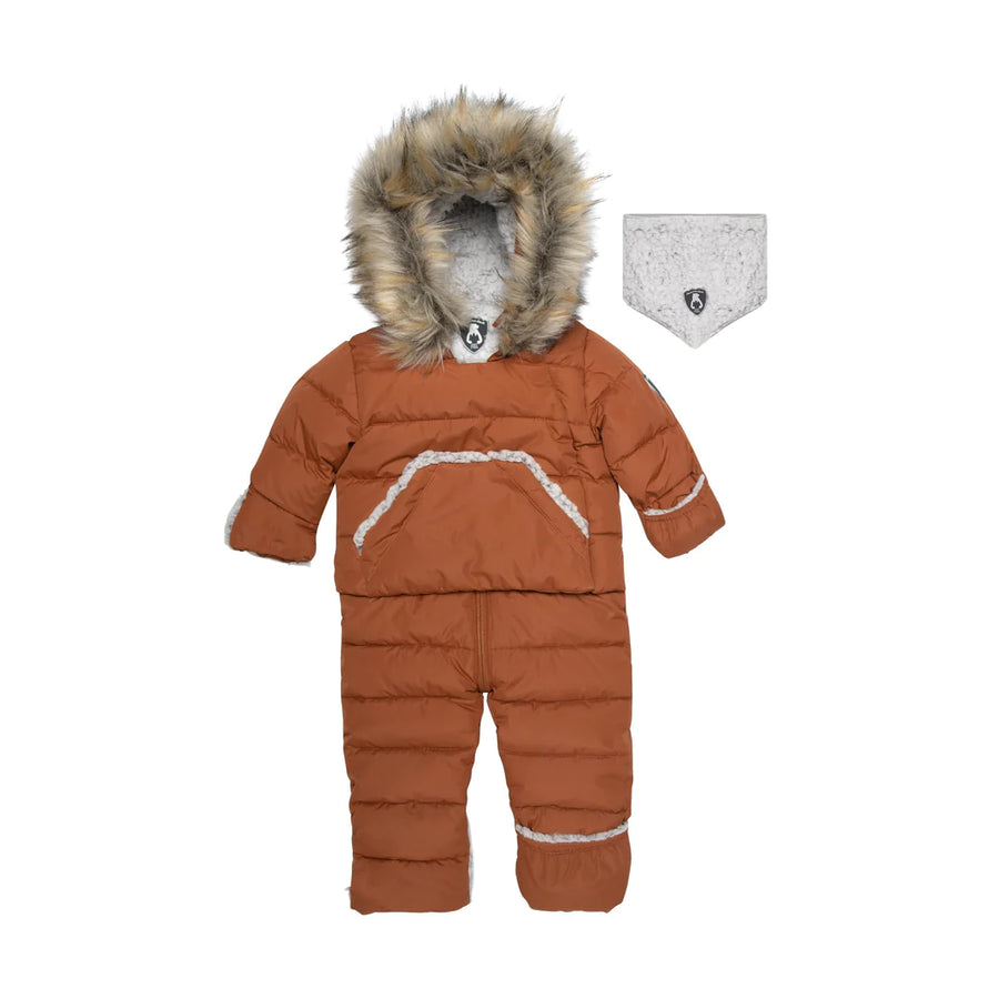 Brown Deux par Deux baby snowsuit with a fluffy-trimmed hood and gray neck warmer.