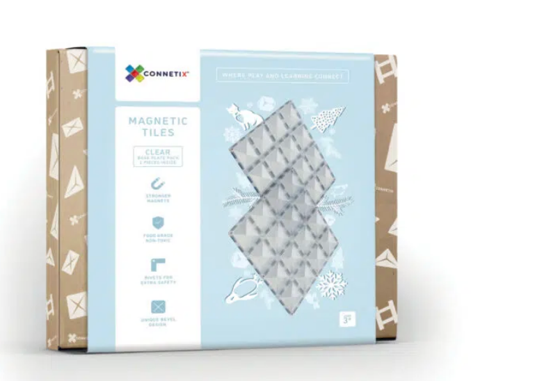 CONNETIX 2 Piece Clear Base Plate Pack box showing transparent square plates.