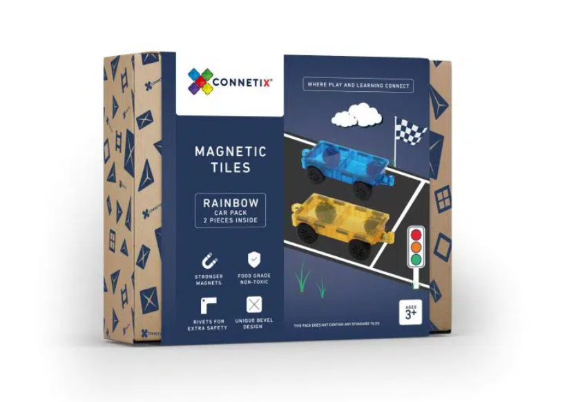 CONNETIX Rainbow 2 Piece Car Pack box showing blue and yellow wheeled bases.