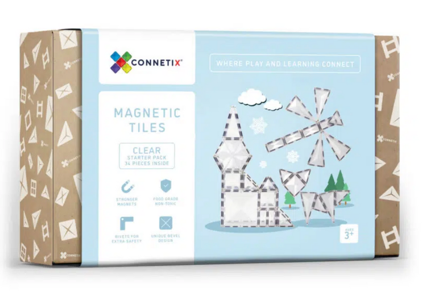 CONNETIX 34 Piece Clear Pack box showing transparent tile structures.