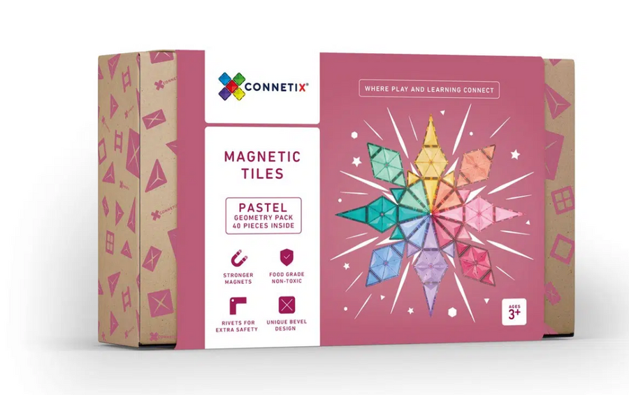 CONNETIX 40 Piece Pastel Geometry Pack box showing a pastel geometric star.
