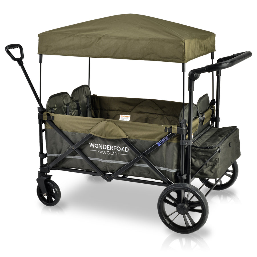 Olive-green WonderFold X4M stroller wagon with a canopy and storage pockets, angled view.