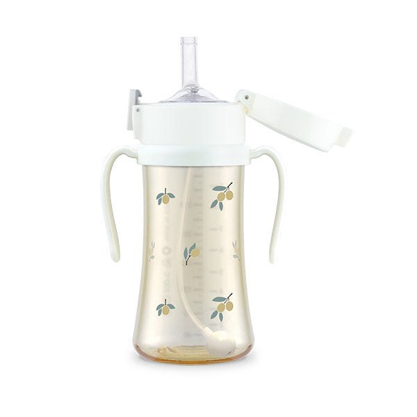 Grosmimi straw cup with pale handles and lid and olive-branch illustrations.