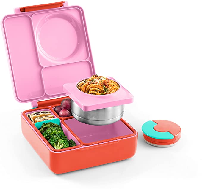 Open coral-and-pink OmieBox showing divided food compartments and a round food jar.
