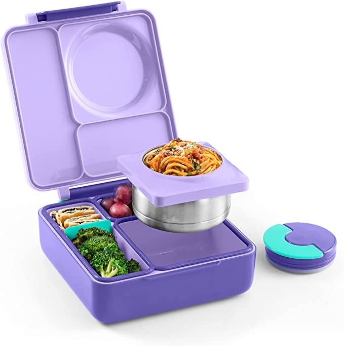 Open purple OmieBox showing divided food compartments and a round food jar.