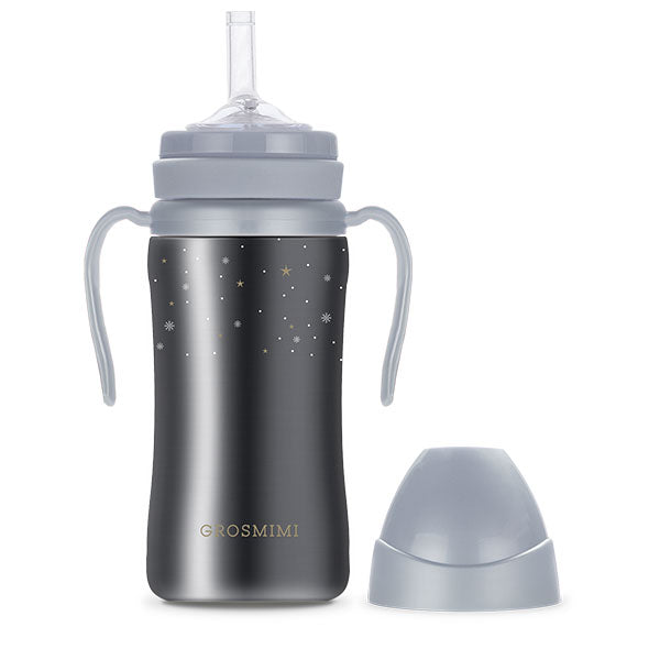 Black Grosmimi straw cup with gray handles, a small star pattern and a separate gray cap.